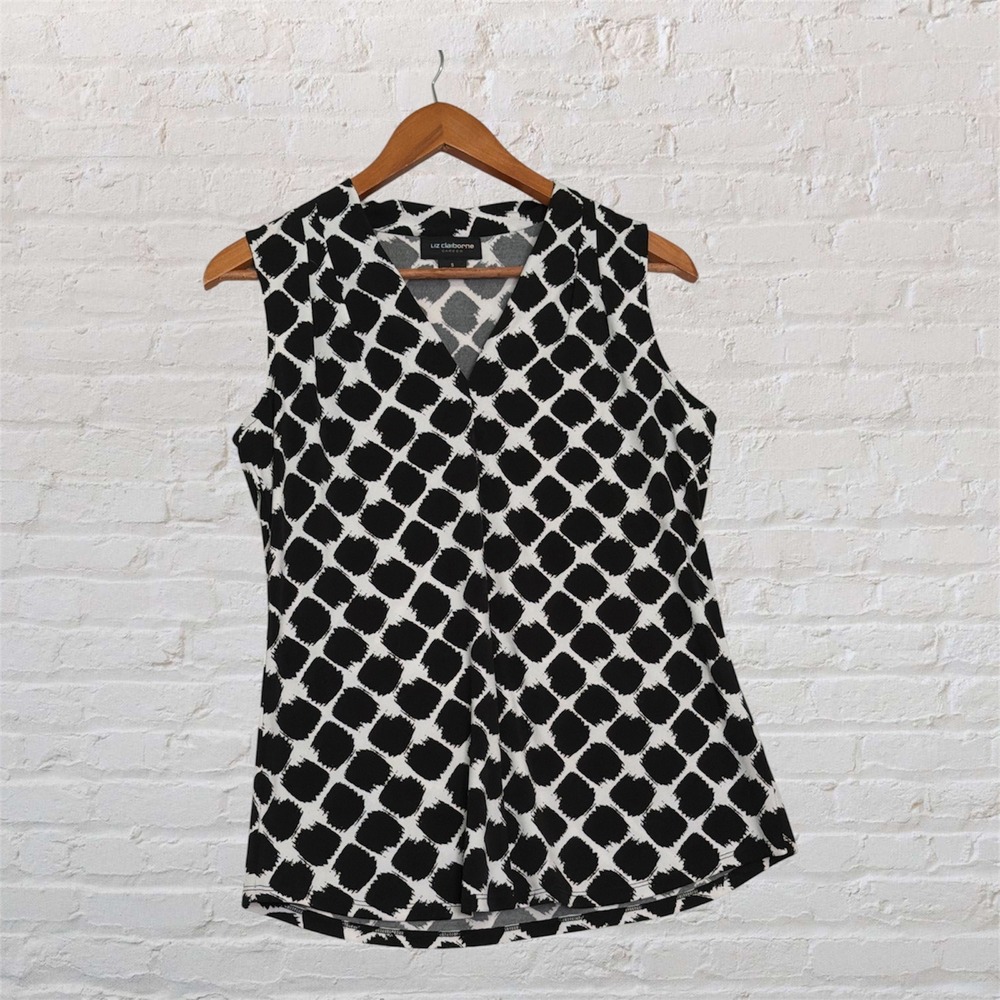 Liz Claiborne Career Womens Small Black White Geometric V-Neck Sleeveless Blouse